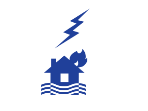 Stylized image of a flooded house on fire in a storm